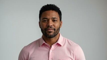 Obraz premium adult black hair american man in pink shirt model portrait standing straight on a plain white background for ad concept space for text