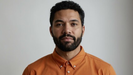 Obraz premium adult black hair american man in orange shirt model portrait standing straight on a plain white background for ad concept space for text
