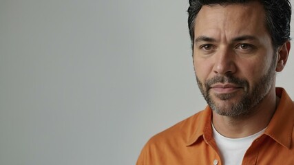 Obraz premium adult black hair american man in orange shirt model portrait standing straight on a plain white background for ad concept space for text