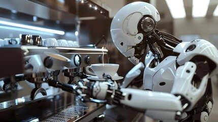 Fototapeta premium Robotic Barista: A robot barista making a latte in a futuristic café, with precision and flair. 