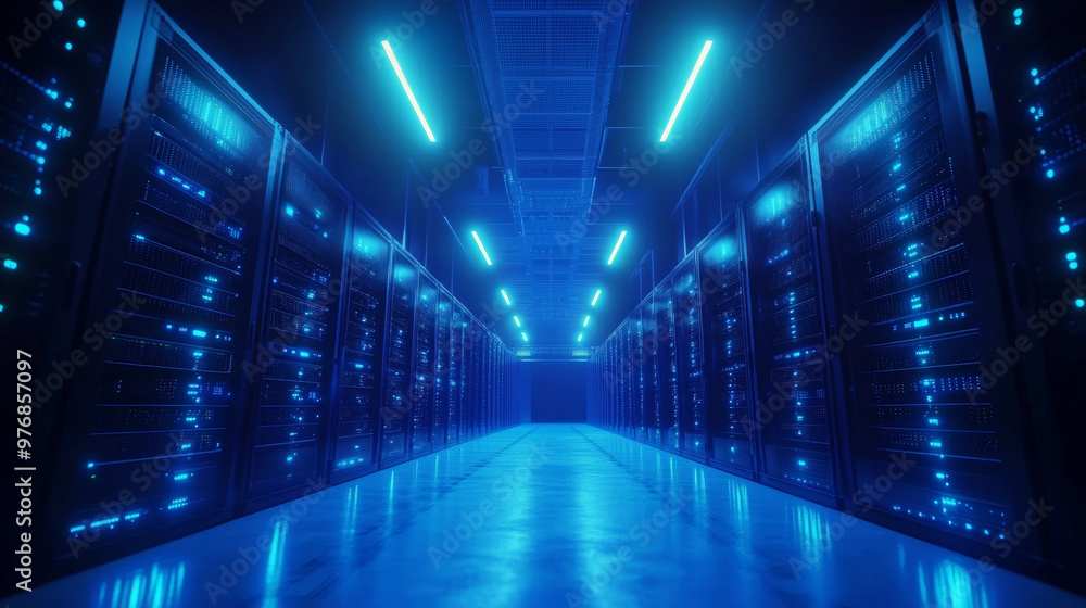 Poster data center: an abstract representation of a digital repository. it features a server room utilizing
