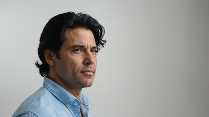 Obraz premium adult black hair american man in blue shirt model portrait standing straight on a plain white background for ad concept space for text
