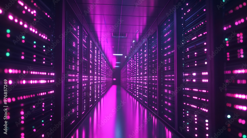 Poster data center: an abstract representation of a digital repository. it features a server room utilizing