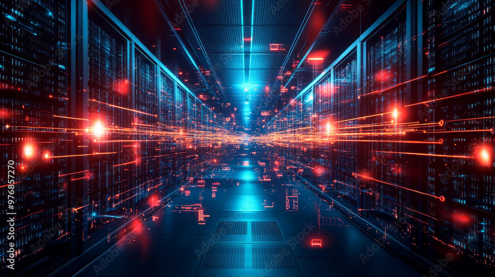 Poster data center: an abstract representation of a digital repository. it features a server room utilizing