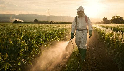 Fototapeta premium person in protective gear spraying pesticides in a crop field, highlighting agricultural pest management practices