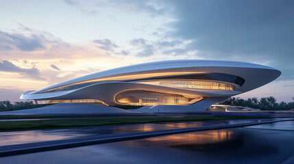 A modern sports complex with a sleek, aerodynamic design.