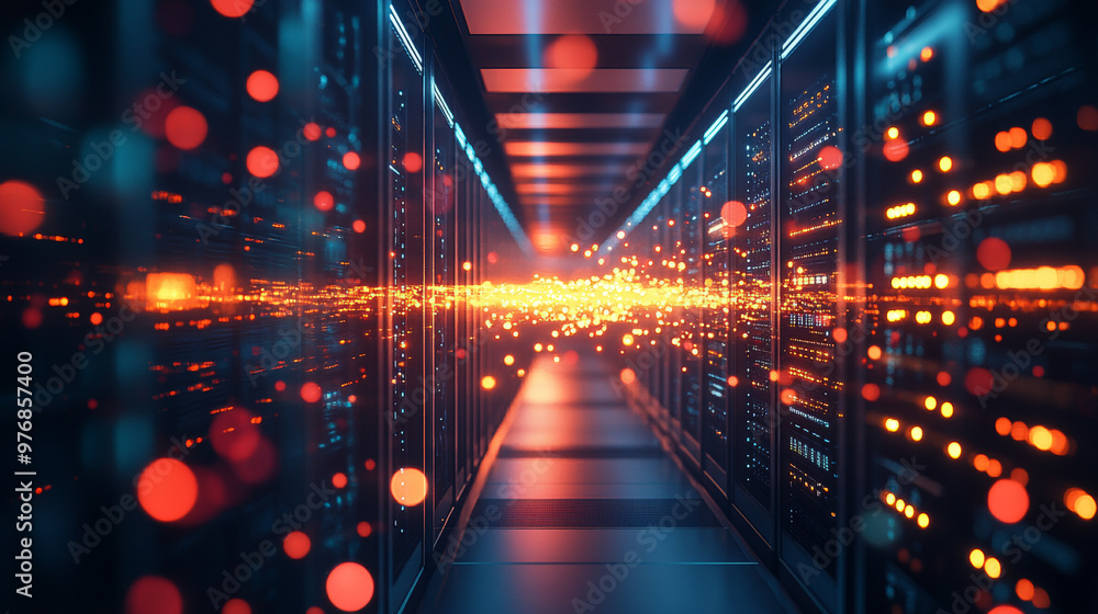 Poster data center: an abstract representation of a digital repository. it features a server room utilizing