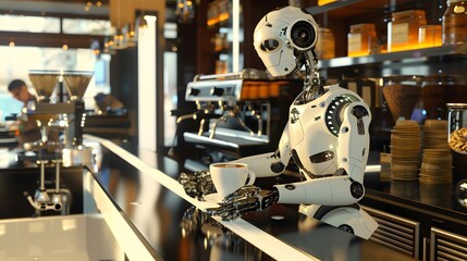 Naklejka premium Robotic Barista: A robot barista making a latte in a futuristic café, with precision and flair. 