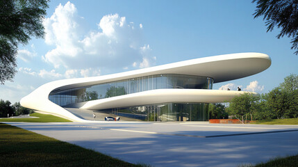A modern sports complex with a sleek, aerodynamic design.