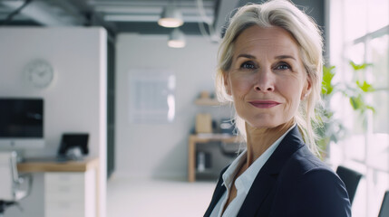 Confident businesswoman standing in a modern office environment during daylight hours