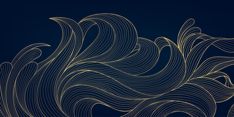 Vector golden on dark line wave background. Luxury abstract elegant flow Japanese illustration, premium sea curve template