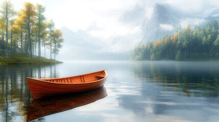 Obraz premium A serene lake with a lone orange boat resting against a backdrop of misty mountains and autumn trees, creating a tranquil atmosphere.