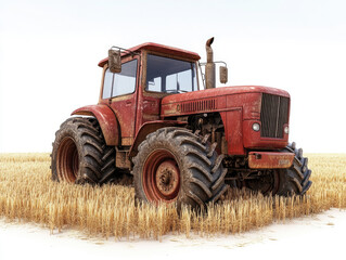 A vintage red tractor parked in a golden wheat field under a clear sky, showcasing agricultural machinery and rural landscape.