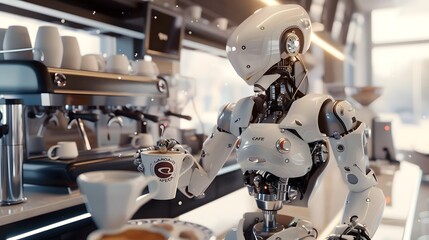 Robotic Barista: A robot barista making a latte in a futuristic café, with precision and flair. 
