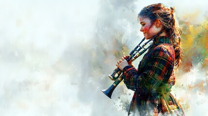 Obraz premium Elated Woman Playing a Bagpipe, Expressing Music Joy in a Colorful and Artistic Setting Today. Lady and Music Concept