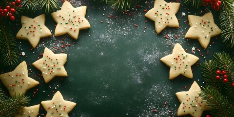 Decorated sugar cookies with sprinkles , capturing the charm of holiday baking and traditional seasonal decorations.