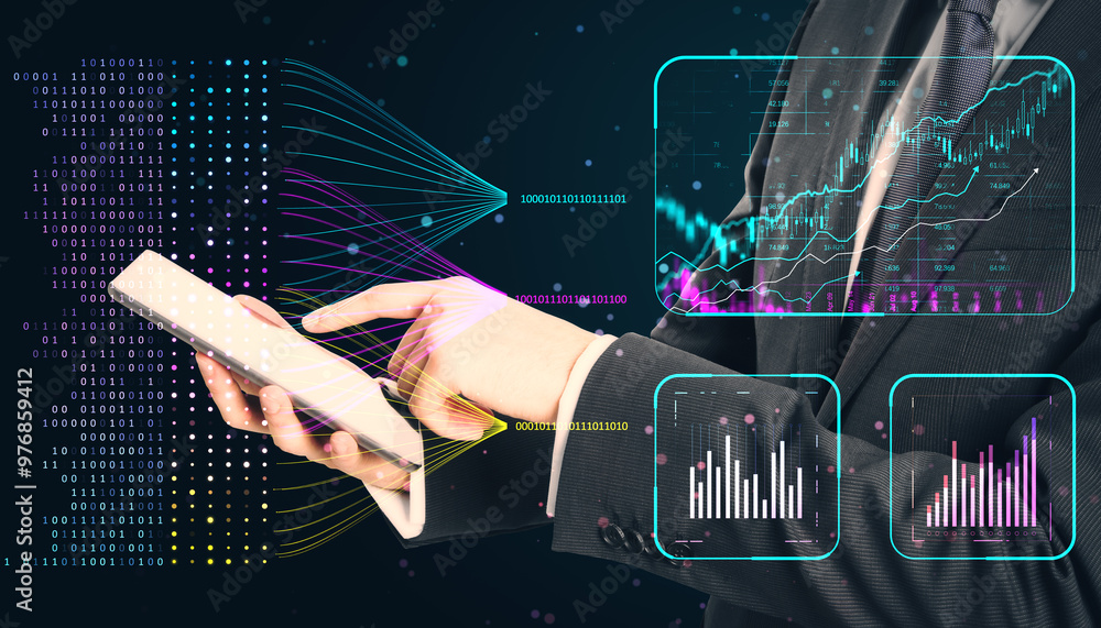 Poster Close up of businessman hands using cellphone with creative glowing business chart and ai binary code nodes on blurry background. Virtual marketing and finance concept. Double exposure.
