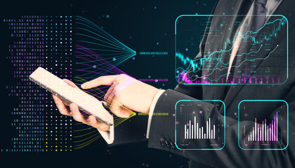 Close up of businessman hands using cellphone with creative glowing business chart and ai binary code nodes on blurry background. Virtual marketing and finance concept. Double exposure.