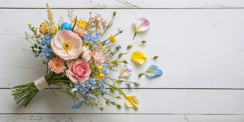 Top view image of colorful pastel flowers composition over white wooden background .Flat lay