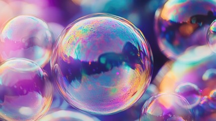 Close-up of shimmering, multicolored soap bubbles with holographic effects, highlighting their transparency and vibrant hues