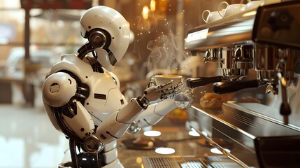 Fototapeta premium Robotic Barista: A robot barista making a latte in a futuristic café, with precision and flair. 