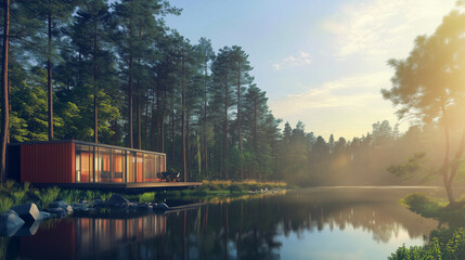 A modern container cabin in the forest on a lake