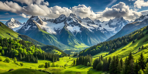 Fototapeta premium Scenic mountain view with snowcapped peaks and lush green valleys, mountains, landscape, nature, panoramic, tranquil