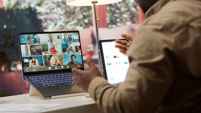 Business owner presenting the financial data reports to the investors members of the board, discussing on online videocall about expansion plans and new funding. Accounting analysis. Camera A.