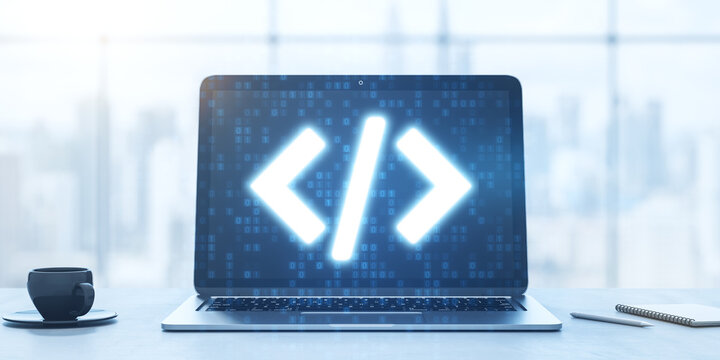 Close up of laptop computer with glowing programming code on blurry office desk with coffee cup and city view background. Program and software development concept. 3D Rendering.