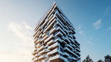 A modern residential tower with a unique geometric facade.