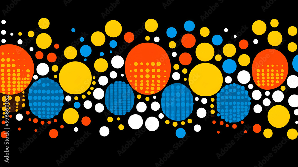 Poster colorful abstract pattern featuring circles and dots in various sizes and vibrant hues against a dar
