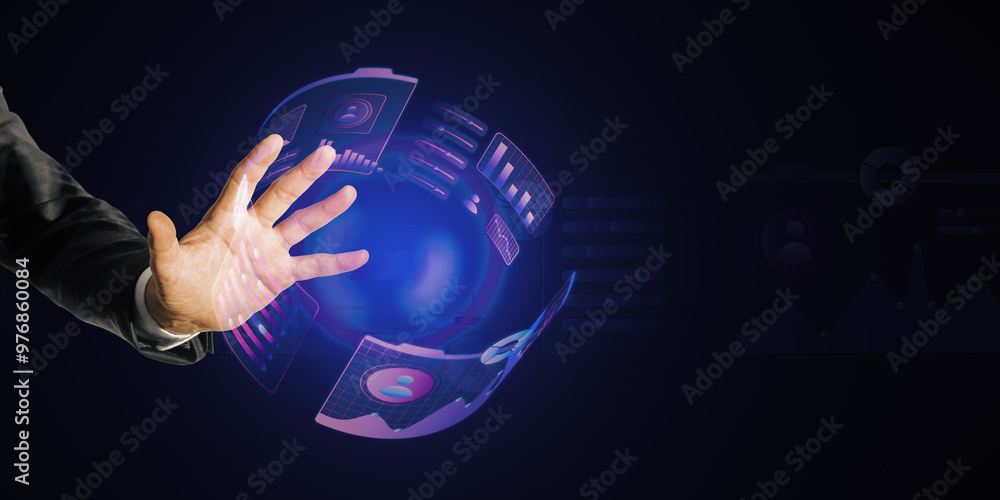 Aufkleber Close up of hand using glowing round business graph hologram on dark background with mock up place. Financial growth, analysis and report concept.
