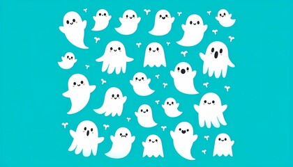 Fototapeta premium Cute white ghosts pattern on bright color background