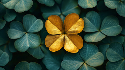 a green background full of four-leaf clovers, one golden clover in the middle