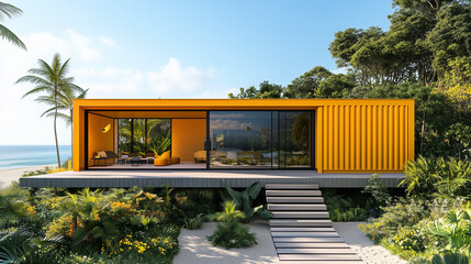 A yellow cargo container home