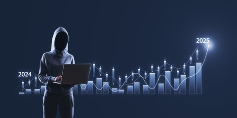 Hacker in hoodie using laptop with growing business graph on dark background. Financial hacking, malware and theft concept.