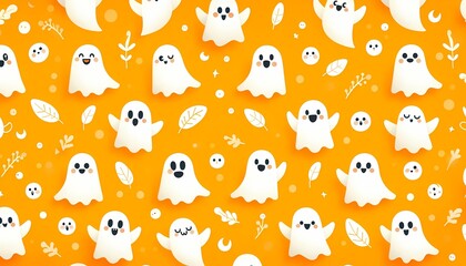 Cute white ghosts pattern on bright color background