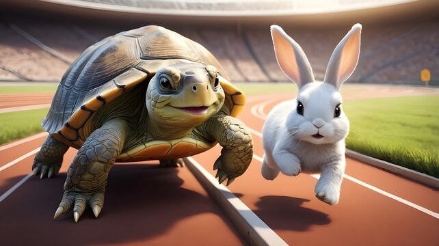 Turtle and rabbit on a running track 3D image