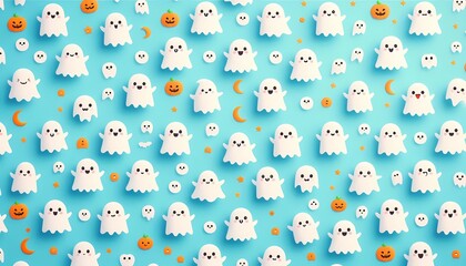 Fototapeta premium Cute white ghosts pattern on bright color background