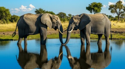 Fototapeta premium Two elephants stand in a watering hole, their trunks touching. Their reflections are visible in the water.