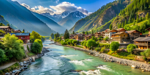 A serene village nestled in the mountains of Kashmir with a flowing river , mountains, Kashmir, village, river, tranquil