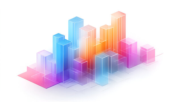 Colorful 3D bar graph representing data trends in a vibrant digital cityscape during daytime