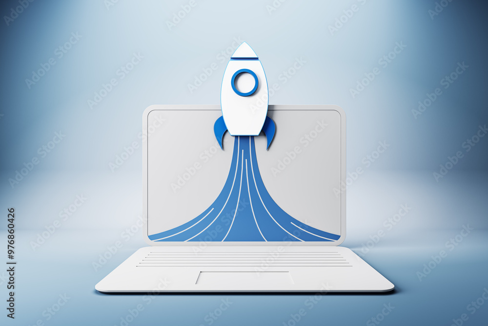 Poster creative laptop with launching spaceship on light blue background. start up and innovation concept. 