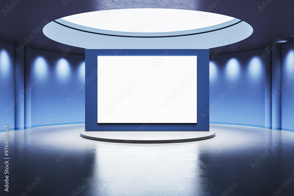 Poster futuristic blue interior with round pedestal and empty white mock up banner. 3d rendering.