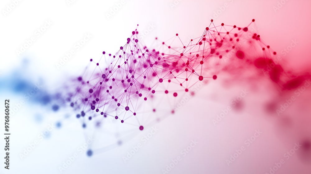 Poster abstract digital network representation showing interconnected nodes and waves in purple and pink hu