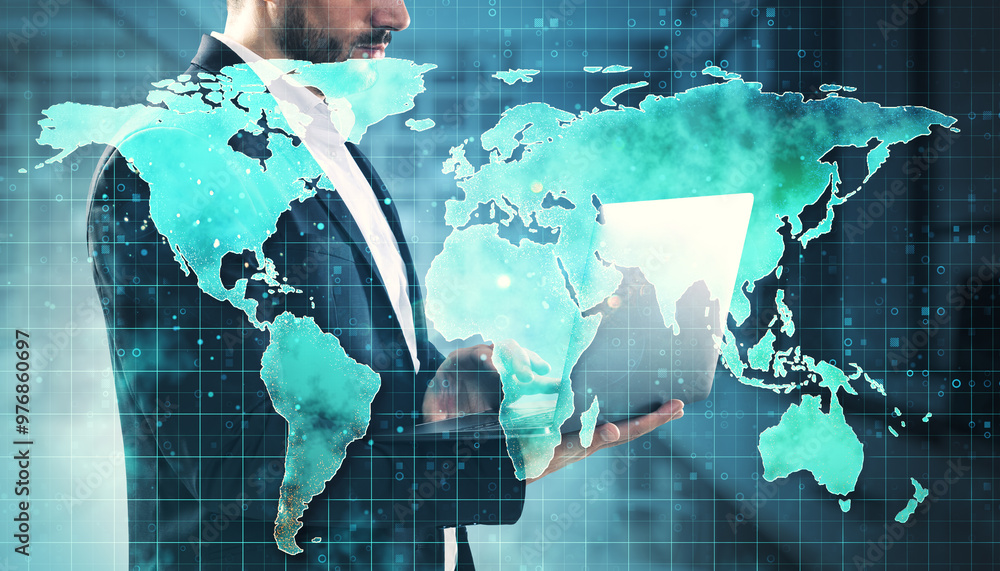 Poster Close up and side view of businessman hands using laptop computer with map hologram on blurry background. Travel and technology concept. Double exposure.