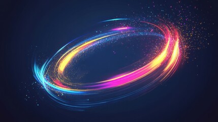 Dynamic Neon Light Ellipse with Glittering Sparks and Flares on a Futuristic Abstract Background, Conveying Motion and Energy