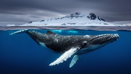 Fototapeta premium a whale swimming in the ocean with mountains in the background.
