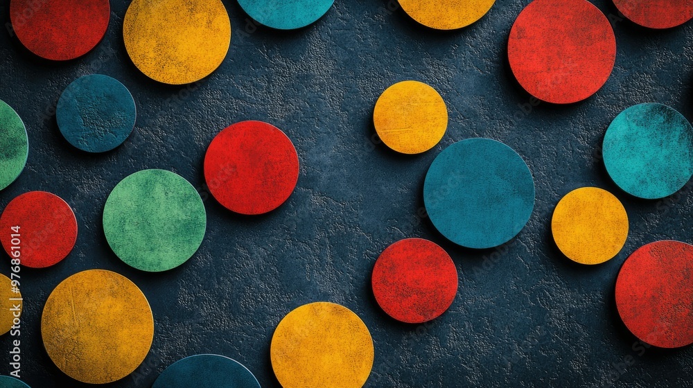 Poster dynamic infographic design with colorful circles arranged in a geometric pattern over a textured sur