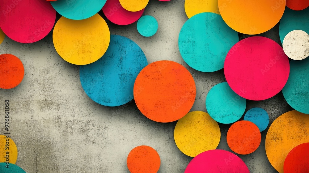 Poster dynamic infographic design with colorful circles arranged in a geometric pattern over a textured sur